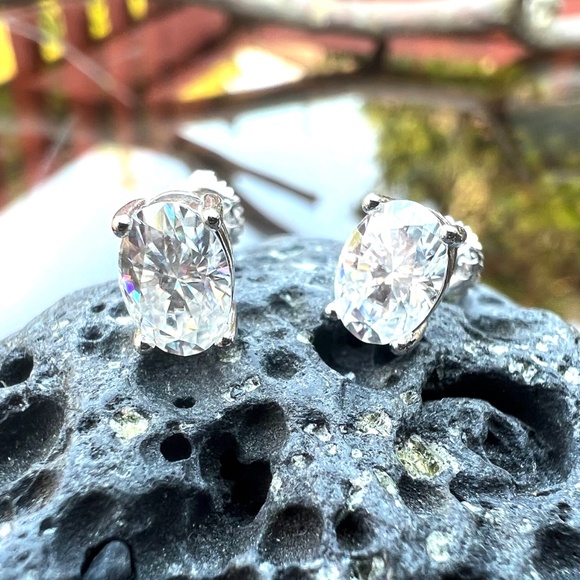 Certified Oval Moissanite Stud Earrings Sterling Silver 925 Screw Backs - Picture 7 of 14